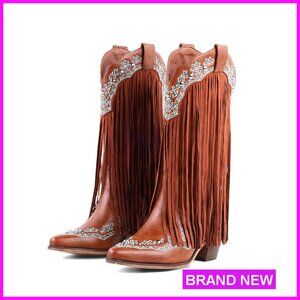 Western Cowboy Boots Mid Calf Chunky Heel Comfortable Cowgirl Boots Party Wear